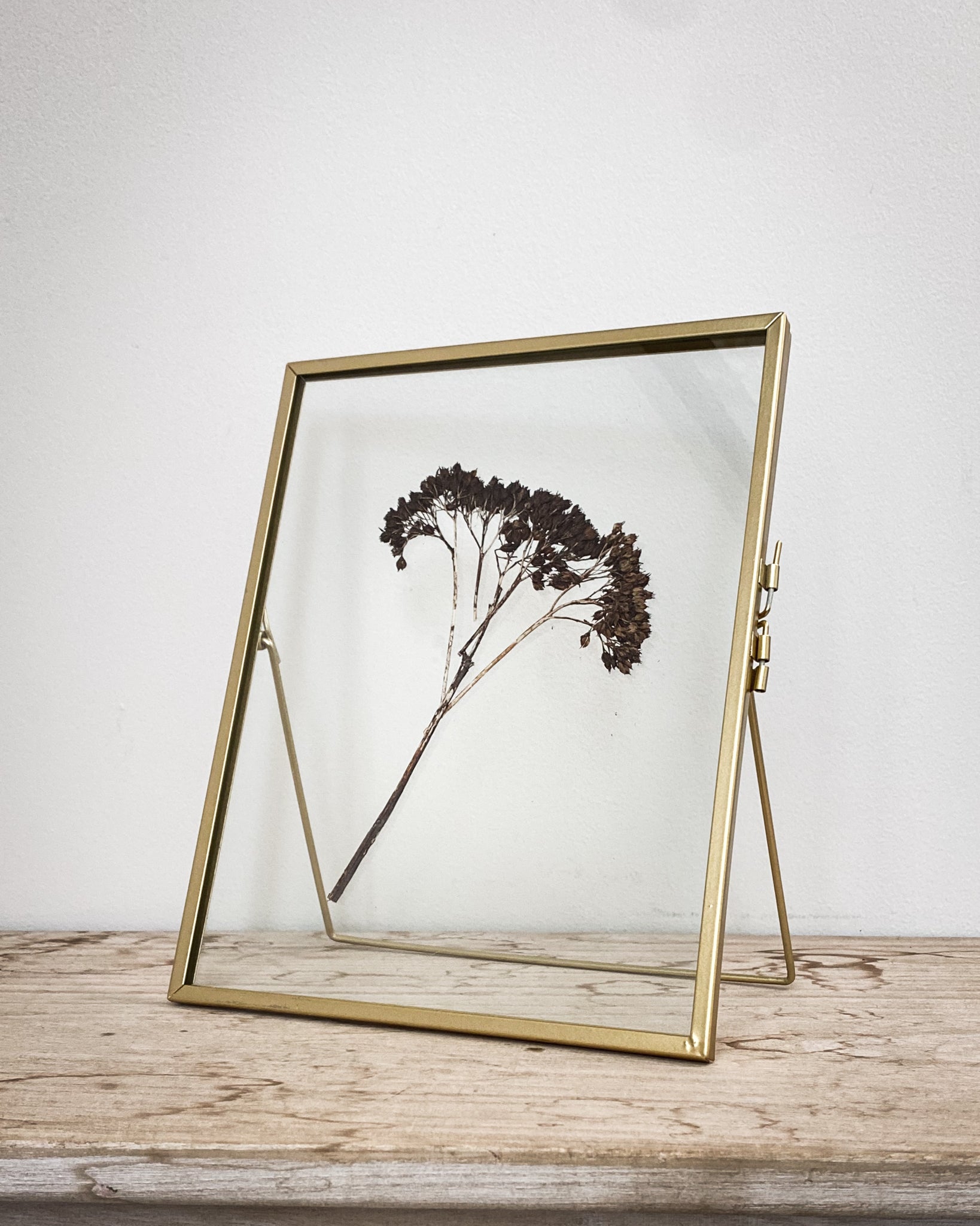 Set Of Three Gold Pressed Flower Frames: Dried Buddleia & Natural Wheat