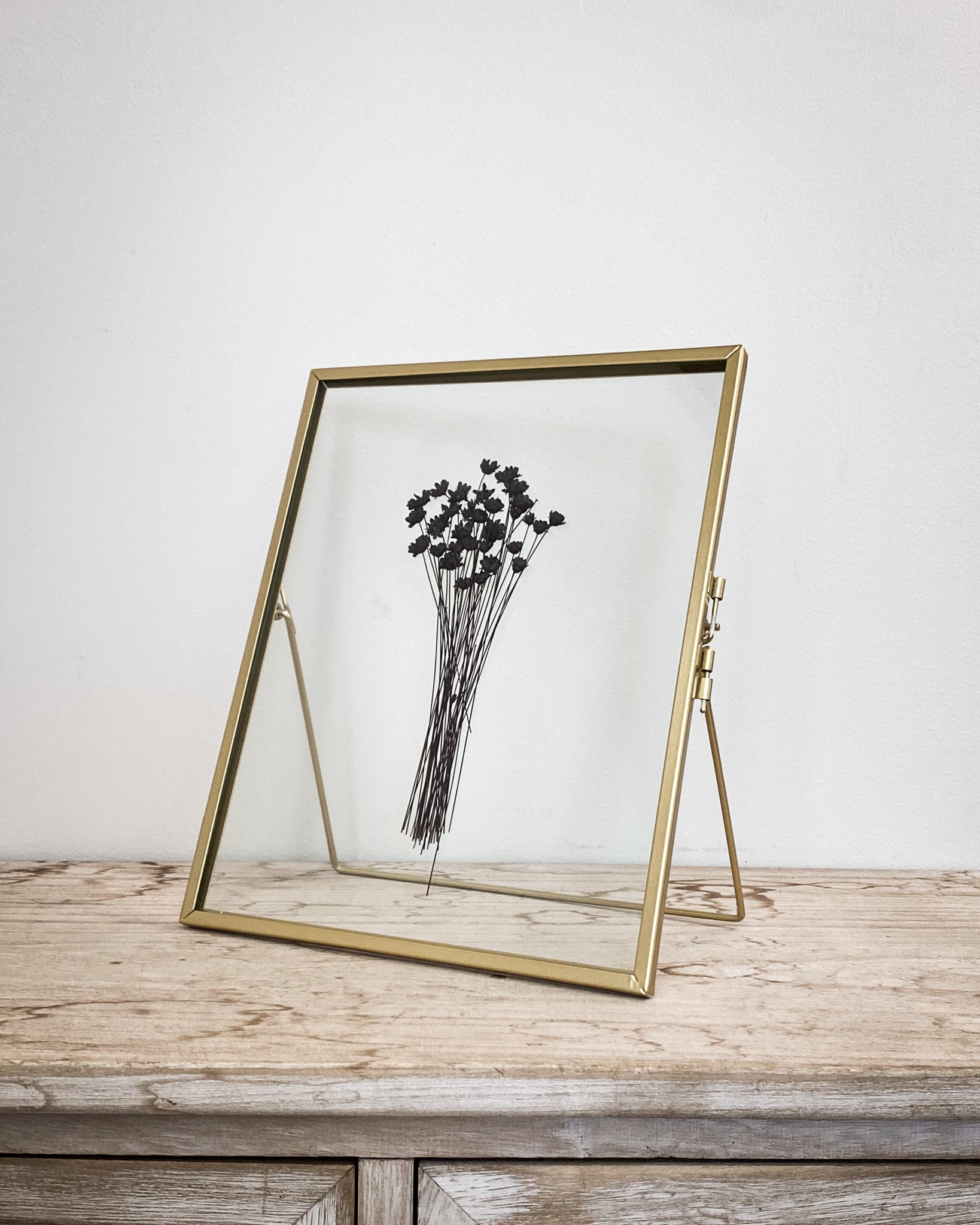 Set Of Three Gold Pressed Flower Frames: Dried Buddleia & Natural Wheat