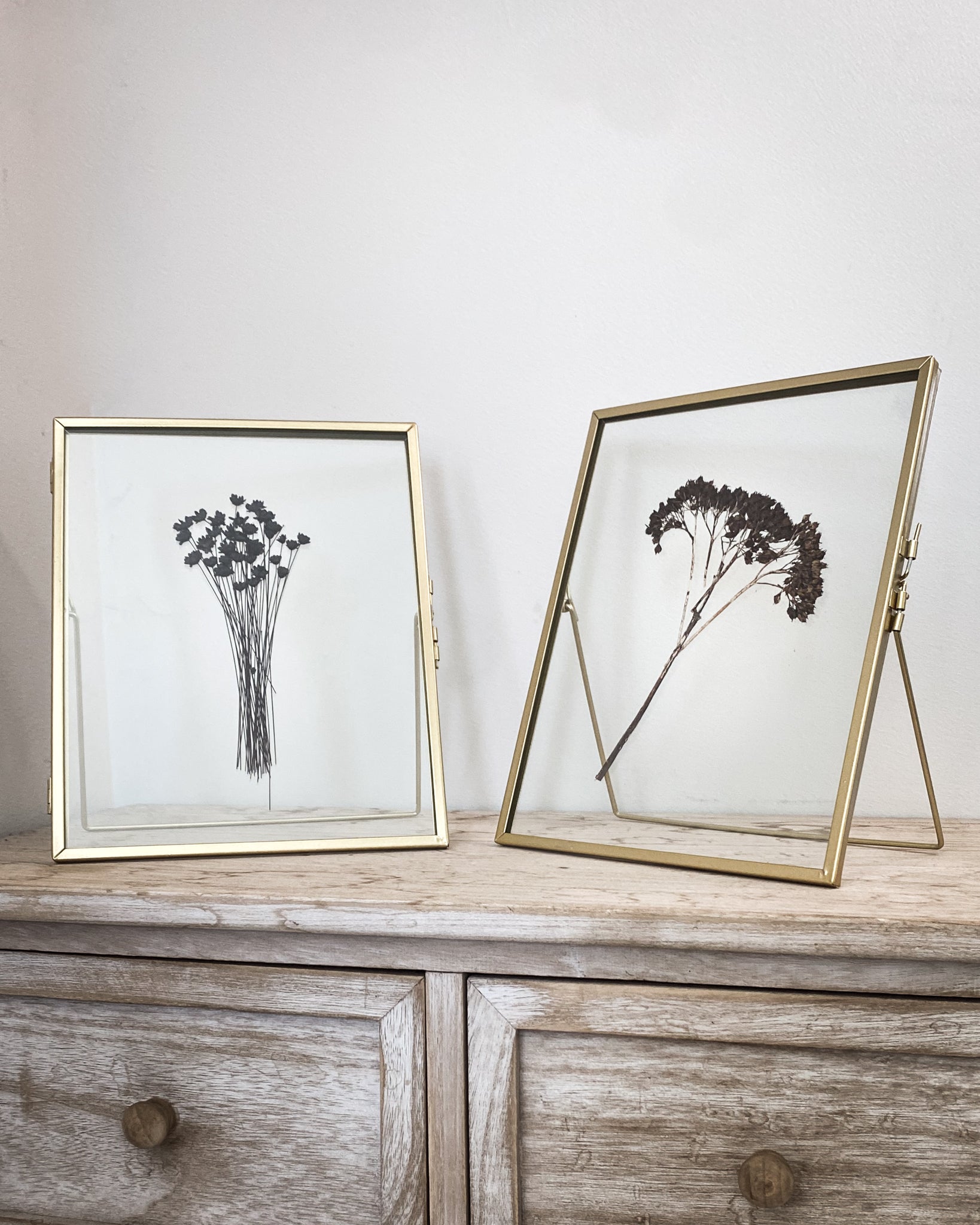 Set Of Three Gold Pressed Flower Frames: Dried Buddleia & Natural Wheat