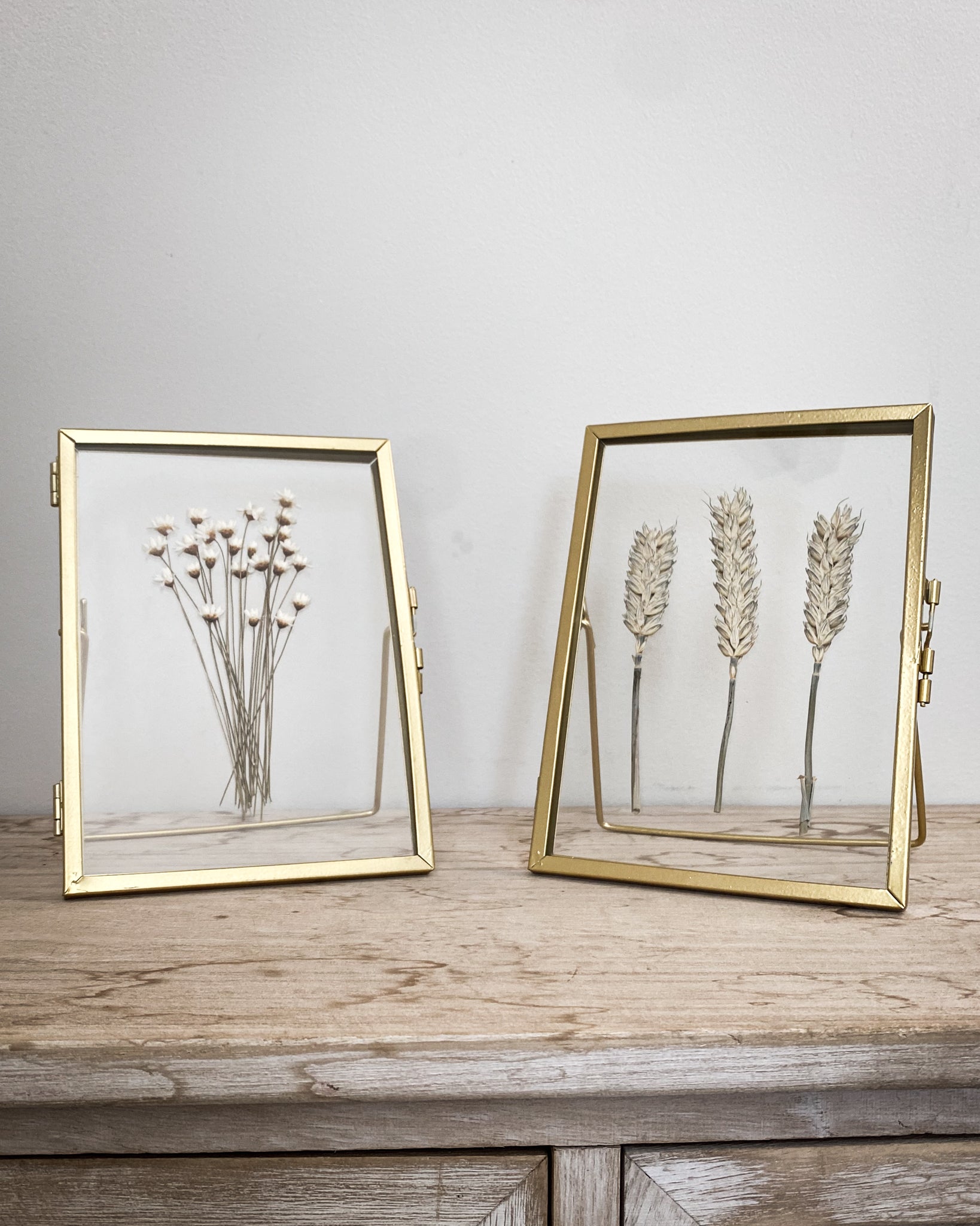 Set Of Two Gold Pressed Flower Frames - Natural Star Daisies & Wheat