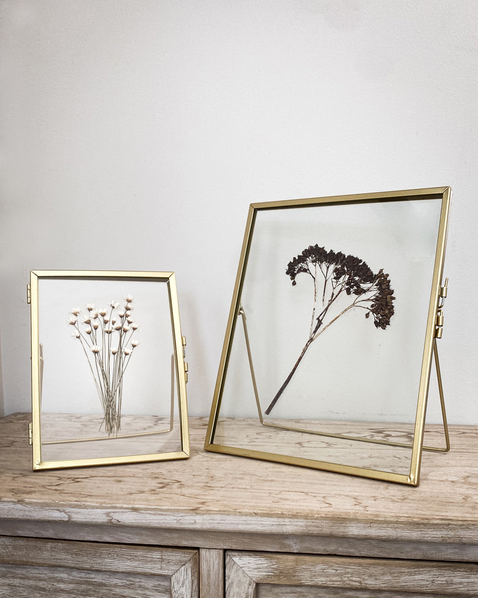 Set Of Two Gold Pressed Flower Frames - Dried Buddleia & Natural Star Daisies