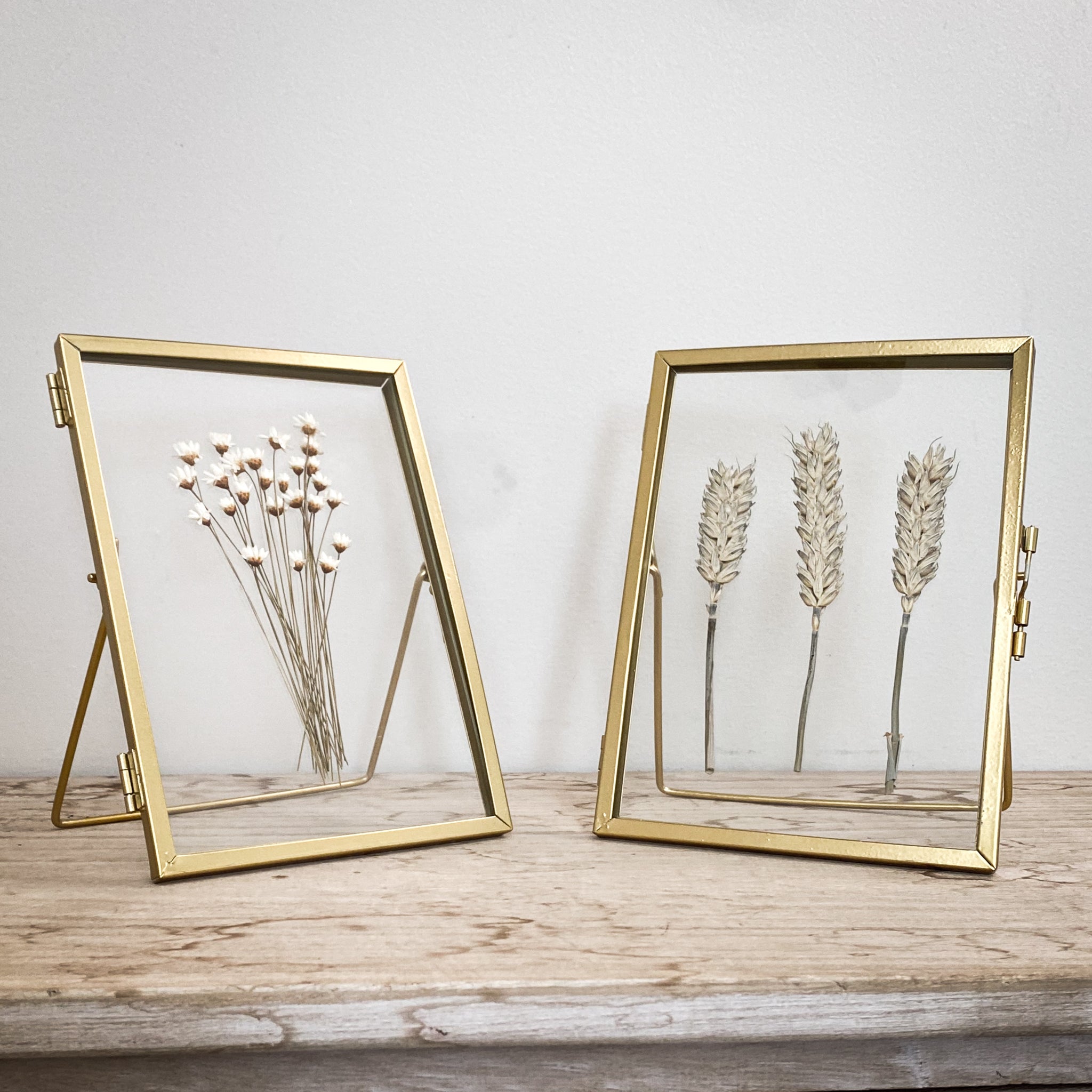 Set Of Two Gold Pressed Flower Frames - Natural Star Daisies & Wheat