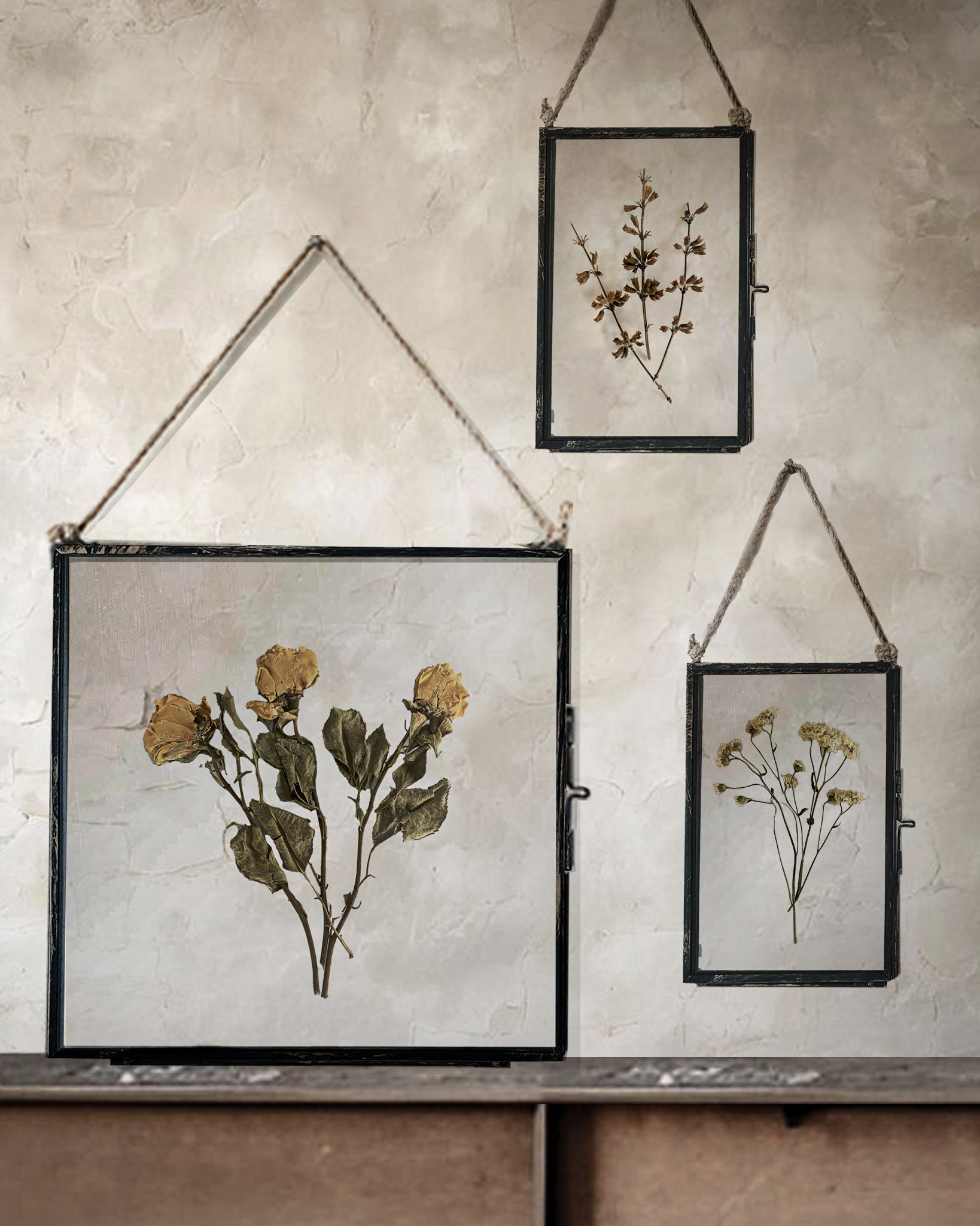 Black Antique Pressed Flower Frame: Dried Roses- Large