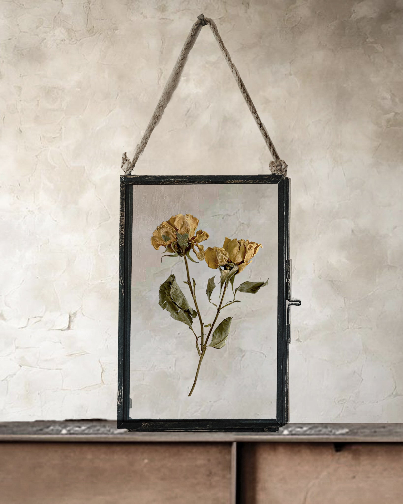 Black Antique Pressed Flower Frame: Dried Burnt Orange Roses - Small