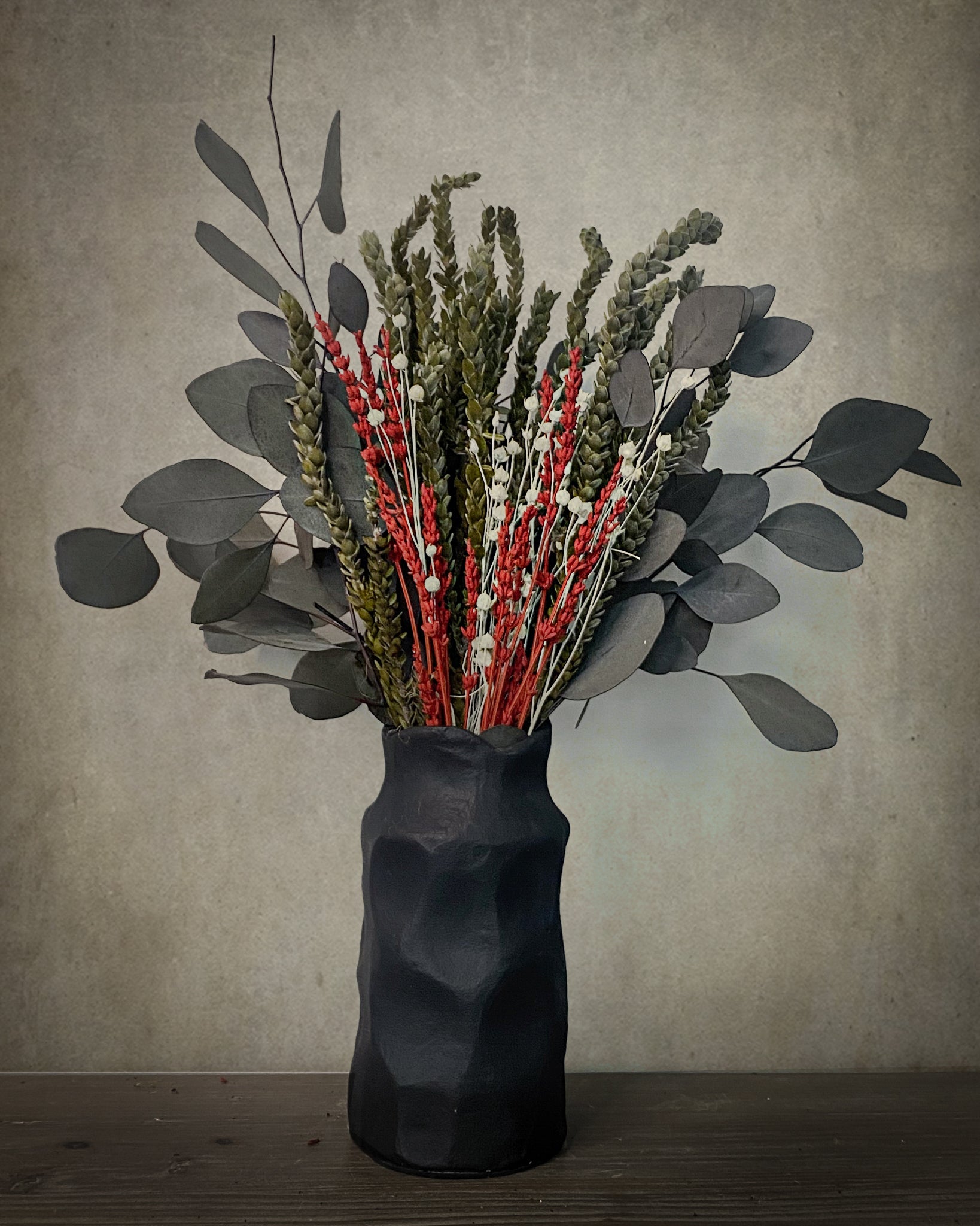 Christmas Dried Flower Bouquet - Maroon Red & Holly Green
